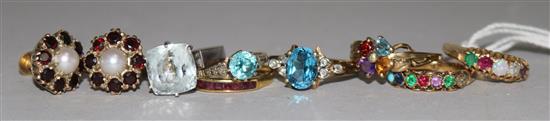 A late Victorian 15ct gold and gem set Dearest ring, a later gold and gem set Adore ring, 5 other rings and a pair of ear clips.